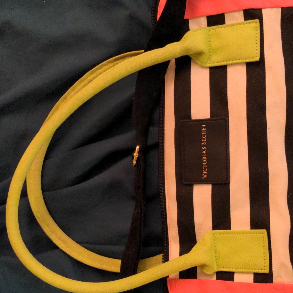 Victoria's Secret VS Weekender Tote Bag Black & White Striped Lime Green Handle
